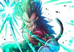  1boy artist_name biceps black_hair blue_eyes dragon_ball dragon_ball_gt feet_out_of_frame gloves light light_rays long_hair looking_to_the_side male_focus manly mature_male monkey_tail muscular muscular_male n_k0918 pants pectorals pointy_ears red_fur signature simple_background smile solo spiky_hair tail teeth thick_arms topless_male vegeta white_background 