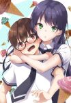 1boy 1girl bangs black-framed_eyewear black_bow black_bowtie black_hair black_necktie blurry blurry_foreground blush bow bowtie brown_hair collared_shirt commentary_request depth_of_field food glasses green_eyes hug hug_from_behind ice_cream ice_cream_cone ice_cream_kanojo kawai_miruku kuune_rin long_hair looking_at_viewer necktie nose_blush open_mouth parted_lips polka_dot polka_dot_background red_eyes school_uniform shirt short_sleeves upper_body very_long_hair wavy_mouth white_shirt 