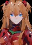  1girl bangs black_background blue_eyes bodysuit breasts closed_mouth eyes_visible_through_hair hair_between_eyes hair_ornament highres long_sleeves looking_to_the_side mogutofuoes neon_genesis_evangelion numbered red_bodysuit short_twintails simple_background small_breasts solo souryuu_asuka_langley twintails upper_body 