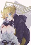  1boy 6760yama bass_clef black_jacket blonde_hair blue_eyes character_name commentary eating english_commentary food hair_between_eyes hair_ornament hairclip highres holding holding_food hood hood_down jacket kagamine_len leg_warmers looking_at_viewer male_focus short_ponytail shorts sitting solo tagme vocaloid yellow_shorts 
