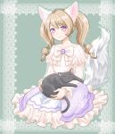  1girl animal_ears animal_on_lap black_cat blush bow brown_hair cat cat_on_lap dress full_body green_background highres long_hair long_sleeves looking_at_viewer on_lap original patch_(sunamiti) simple_background sitting smile solo tail twintails violet_eyes white_bow white_dress 