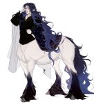  1boy arm_up bishounen black_fur black_shirt blue_hair centaur closed_mouth collared_shirt cross-laced_slit cutesofa2 full_body hand_up hooves horse_tail long_hair long_sleeves looking_at_viewer male_focus monster_boy one_eye_closed original pointy_ears puffy_long_sleeves puffy_sleeves shirt simple_background solo standing tail taur very_long_hair violet_eyes wavy_hair white_background white_fur 