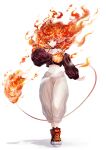  1girl absurdres choker fiery_hair fire flame-tipped_tail highres isa_yuuri long_hair long_sleeves magic midriff navel off-shoulder_shirt off_shoulder orange_eyes orange_hair original puffy_pants shirt shoes smile sneakers solo tail very_long_hair witch 