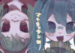  2girls :d ammmt bangs blue_eyes blue_hair earphones earphones facial_mark green_hair gumi hatsune_miku hood hood_up hoodie jacket long_hair matryoshka_(vocaloid) multiple_girls open_mouth red_eyes sharp_teeth short_hair smile smiley_face teeth track_jacket translation_request twintails upside-down vocaloid 