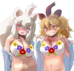  2girls animal_ears bare_shoulders big_hair bikini blue_eyes blue_jacket blush commentary_request fang flower highres ieinu_account jacket kemono_friends kemono_friends_3 lion_(kemono_friends) lion_ears lion_girl long_hair matching_outfit midriff multiple_girls navel official_alternate_costume open_clothes open_jacket open_mouth removing_jacket smile spaghetti_strap swimsuit teeth white_bikini white_lion_(kemono_friends) yellow_eyes 