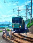  blue_sky bollard car clouds commentary_request enoshima_electric_railway grass ground_vehicle guard_rail highres motor_vehicle mountain mugumo_24k no_humans original outdoors power_lines railroad_tracks revision scenery sky train utility_pole watermark 
