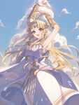  1girl armor armpits blonde_hair blue_eyes braces breasts circlet clouds cloudy_sky dress earrings gem jewelry long_hair looking_at_viewer miri_(cherryjelly) open_mouth pointy_ears princess_zelda sky small_breasts smile solo super_smash_bros. the_legend_of_zelda the_legend_of_zelda:_a_link_between_worlds very_long_hair 