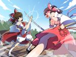  2girls ascot bangs blocking bow brown_eyes brown_hair collared_shirt commentary_request cookie_(touhou) detached_sleeves dress fighting frilled_bow frilled_hair_tubes frilled_shirt_collar frills hair_bow hair_tubes hakurei_reimu holding holding_weapon kanna_(cookie) long_sleeves multiple_girls red_bow red_dress red_shirt rurima_(cookie) shirt sleeveless sleeveless_dress sleeveless_shirt sword syowahoka third-party_source touhou weapon white_sleeves wide_sleeves yellow_ascot 