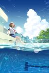  1girl artist_name barefoot blue_sailor_collar blue_sky brown_hair building chain-link_fence commentary day fence highres hiko_(scape) neckerchief original outdoors partially_underwater_shot pool red_neckerchief sailor_collar school_uniform serafuku short_hair short_sleeves signature sitting sky soaking_feet solo symbol-only_commentary tree water watermark 
