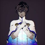  1boy arjuna_(fate) bangs black_eyes black_hair cape closed_mouth dark-skinned_male dark_skin fate/extella fate/extella_link fate/extra fate/grand_order fate_(series) flower gloves gold_trim hair_between_eyes high_collar indian_clothes light_smile looking_at_viewer male_focus nakajikamone own_hands_together petals pink_flower short_hair simple_background smile solo upper_body white_cape white_gloves 