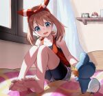  1girl bangs barefoot bed bike_shorts bike_shorts_under_shorts blue_eyes blush bow_hairband brown_hair collarbone coma_(light825) commentary_request commission curtains feet hairband highres indoors legs may_(pokemon) md5_mismatch mudkip on_bed open_mouth pixiv_request poke_ball poke_ball_(basic) pokemon_(creature) pokemon_(game) pokemon_oras shelf shirt shorts sitting sleeveless sleeveless_shirt soles teeth toes tongue window 