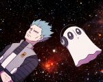  1boy black_shirt blue_hair closed_mouth commentary cyrus_(pokemon) frown ghost grey_eyes grey_vest headphones logo long_sleeves male_focus pokemon pokemon_(game) pokemon_dppt shirt short_hair space spiky_hair ssalbulre team_galactic vest 