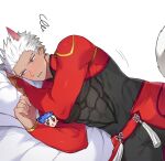 2boys abs animal_ears archer_(fate) archernuna armor bed bed_sheet biceps blush cat_ears cat_tail coat collared_coat compression_shirt cu_chulainn_(fate) dark-skinned_male dark_skin fate/stay_night fate_(series) feet_out_of_frame green_eyes highres looking_to_the_side lying male_focus mature_male multiple_boys muscular muscular_male on_side pectorals short_hair simple_background spiky_hair sweat sweatdrop tail tight white_background white_hair 