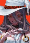  1girl collar earrings eyelashes grin hat highres jewelry long_hair looking_at_viewer original red_background red_eyes red_nails skyn_blue slit_pupils smile snake_hair solo teeth witch_hat 