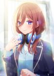  1girl bangs blazer blue_eyes blurry blush bokeh brown_hair depth_of_field go-toubun_no_hanayome headphones headphones_around_neck jacket light_particles long_hair nakano_miku school_uniform sgawarananto smile solo sweater 