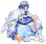  1girl blue_hair cape closed_mouth crescent crescent_hair_ornament dress full_body grey_eyes hair_ornament halo long_hair looking_at_viewer mahjong_soul nanami_reina official_art ponytail sitting snow snowflakes snowing solo star_(symbol) tachi-e yostar 