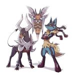  beedrill bright_pupils claws closed_mouth commentary crossed_arms furry houndoom lucario mega_beedrill mega_houndoom mega_lucario mega_pokemon pokemon pokemon_(creature) red_eyes ssalbulre standing white_background white_pupils 