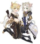  2boys :d aether_(genshin_impact) ahoge albedo_(genshin_impact) animal_ears aqua_eyes bangs black_footwear black_gloves black_shirt black_shorts blonde_hair blue_shirt blush boots braid braided_ponytail brown_pants cape cat_boy cat_ears cat_tail chain closed_mouth coat collared_shirt commentary_request crop_top elbow_gloves fang floating_hair full_body genshin_impact gloves gold_trim hair_between_eyes hand_up highres hood hood_down hooded_coat knee_boots light_brown_hair long_hair looking_at_viewer male_focus midriff mizuamememe multiple_boys navel open_clothes open_coat open_mouth pants parted_bangs paw_pose scar scar_on_neck scarf shirt short_sleeves shorts sidelocks single_braid smile stomach tail very_long_hair vision_(genshin_impact) white_background white_cape white_coat white_scarf yellow_eyes 