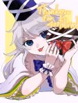  1girl blue_bow blue_bowtie blue_eyes blue_nails bow bowtie bracelet chocolate food frilled_bracelet frilled_sleeves frills hat holding holding_chocolate holding_food japanese_clothes jewelry kariginu layered_sleeves long_hair looking_at_viewer mononobe_no_futo nail_polish oishiinori_1248 ponytail purple_headwear red_bow red_nails ribbon ring solo star_ring tate_eboshi tongue tongue_out touhou two-tone_background white_background white_ribbon yellow_background 