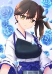 1girl artist_name brown_eyes brown_gloves brown_hair commentary_request gloves hand_on_own_face japanese_clothes kaga_(kancolle) kaga_(kantai_collection) kantai_collection long_hair looking_at_viewer milestone_celebration muneate partially_fingerless_gloves rei_(ls91407662) revision side_ponytail single_glove solo tasuki upper_body yugake