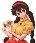  1girl amania_orz black_hair braid breasts character_request copyright_request food fried_egg headband highres holding holding_food large_breasts long_hair red_headband simple_background smile toast twin_braids twintails white_background 