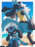  border closed_mouth clouds commentary_request day evolutionary_line highres kuchiba_(jret2454) looking_at_viewer lucario orange_eyes outdoors pokemon pokemon_(creature) riolu signature sitting sky smile standing star-shaped_eyewear sunglasses white_border 