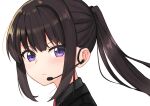  1girl absurdres ao_(flowerclasse) bangs black_hair black_jacket black_shirt blush collared_shirt commentary_request from_side headset highres inoue_takina jacket looking_at_viewer looking_to_the_side lycoris_recoil ponytail portrait shirt simple_background solo violet_eyes white_background 