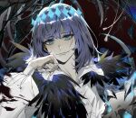  1boy alternate_hair_color arthropod_boy bangs black_hair blue_eyes chinese_commentary cloak closed_eyes collared_shirt commentary_request crown diamond_hairband fate/grand_order fate_(series) fur-trimmed_cloak fur_collar fur_trim holding holding_skull insect_wings long_sleeves looking_at_viewer male_focus medium_hair oberon_(fate) oberon_(third_ascension)_(fate) official_alternate_costume requiemzz shirt skull smile solo spoilers tassel upper_body white_shirt wings 