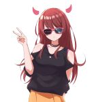  1girl bangs bare_shoulders black_shirt brown_hair demon_horns facing_viewer highres horns idolmaster idolmaster_shiny_colors jewelry jtangc long_hair necklace orange_skirt osaki_tenka shirt skirt solo sunglasses swept_bangs upper_body v white_background 