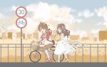  1boy 1girl :d bangs bare_shoulders bicycle blue_sky bow brown_eyes brown_hair brown_shorts closed_eyes clouds cloudy_sky dress flower full_body ground_vehicle hair_bow highres holding holding_flower hood hoodie long_hair luke_pearce_(tears_of_themis) open_mouth outdoors riding riding_bicycle road_sign rosa_(tears_of_themis) short_hair short_sleeves shorts sign sky sleeveless sleeveless_dress smile sundress tears_of_themis walking white_dress white_hoodie yellow_flower yingchuan981 younger 