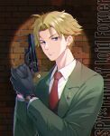  amayofuu black_gloves black_vest blonde_hair blue_eyes brick_wall character_name chromatic_aberration closed_mouth collared_shirt copyright_name frown gloves green_jacket gun handgun highres holding holding_gun holding_weapon jacket long_sleeves looking_at_viewer necktie open_clothes open_jacket red_necktie shiny shiny_hair shirt short_hair spy_x_family twilight_(spy_x_family) vest weapon white_shirt wing_collar 