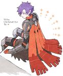  1boy armor cape closed_mouth fire_emblem fire_emblem:_three_houses fire_emblem_warriors:_three_hopes gloves hair_over_one_eye highres kuhaha long_sleeves looking_at_viewer male_focus medium_hair official_alternate_costume purple_hair shez_(fire_emblem) shez_(fire_emblem)_(male) short_hair simple_background smile violet_eyes 