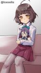  1girl ahoge akebono_(kancolle) bangs blunt_bangs brown_hair character_doll couch dress feet_out_of_frame grey_pantyhose highres kantai_collection kishinami_(kancolle) long_sleeves looking_at_viewer one-hour_drawing_challenge pantyhose pleated_dress purple_dress school_uniform seamed_legwear shirt short_hair side-seamed_legwear smile solo wavy_hair white_shirt yellow_eyes yuki_to_hana 