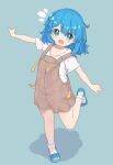  1girl absurdres aoi_tori bangs bare_legs blue_background blue_eyes blue_footwear blue_hair blush blush_stickers brown_overalls commentary_request fang flat_chest full_body hair_between_eyes highres leg_up looking_at_viewer medium_hair no_socks notice_lines original outstretched_arms overall_skirt overalls sandals shirt short_sleeves skin_fang smile solo spread_arms white_shirt 