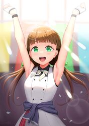  1girl armpits bangs blunt_bangs blush breasts brown_hair commentary confetti fingerless_gloves gloves green_eyes highres long_hair looking_at_viewer love_live! love_live!_superstar!! low_twintails medium_breasts sakurakouji_kinako smile solo twintails unsfrau upper_body 