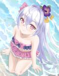  1girl azusa_(blue_archive) azusa_(swimsuit)_(blue_archive) bangs bead_necklace beads bikini bikini_skirt blue_archive blurry blurry_background castalia20 crossed_bangs feathered_wings floating_hair flower frilled_bikini frills full_body hair_between_eyes hair_flower hair_ornament hair_ribbon halo highres jewelry knees_together_feet_apart long_hair looking_at_viewer midriff miyuan multicolored_bikini multicolored_clothes navel necklace pink_eyes platform_footwear purple_flower ribbon sandals simple_background solo strapless strapless_bikini swimsuit wedge_heels white_hair white_wings wings 