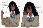  1girl black_hair blue_eyes blush broccoli_(ohasi) cardigan dark-skinned_female dark_skin english_text glasses highres long_hair ohasi original school_uniform shirt smile sweat very_dark_skin very_long_hair 