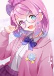  1girl :d badge bangs beret blue-framed_eyewear blue_eyes blurry blurry_foreground blush bow bowtie candy_hair_ornament collared_shirt eyewear_strap food-themed_hair_ornament gem glasses hair_ornament hairclip hand_up hat heterochromia highres himemori_luna hololive hood hoodie kowano looking_at_viewer open_mouth pearl_(gemstone) pink_eyes pink_hair plaid plaid_skirt purple_hair shirt short_hair skirt smile solo virtual_youtuber 