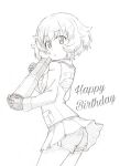  1girl :o akiyama_yukari anglerfish bangs birthday clothes_lift commentary cowboy_shot emblem english_text from_side girls_und_panzer gloves graphite_(medium) greyscale gym_shorts happy_birthday holding jacket kayabakoro long_sleeves looking_at_viewer looking_back messy_hair military military_uniform miniskirt monochrome ooarai_military_uniform open_mouth pleated_skirt short_hair shorts shorts_under_skirt skirt skirt_lift solo standing tank_shell traditional_media uniform wind wind_lift 