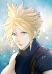  1boy aqua_eyes armor blonde_hair blue_shirt cloud_strife dated earrings final_fantasy final_fantasy_vii final_fantasy_vii_remake hair_between_eyes himmelisch-garten jewelry looking_at_viewer male_focus portrait shirt short_hair shoulder_armor signature single_earring sleeveless sleeveless_turtleneck solo spiky_hair suspenders turtleneck upper_body 