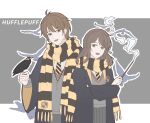  1boy 1girl :d bangs bird black_robe brown_eyes brown_hair crossed_arms crossover green_eyes grey_pants grey_skirt grey_vest harry_potter_(series) highres holding holding_wand hufflepuff jewelry key long_hair long_sleeves luke_pearce_(tears_of_themis) necklace necktie open_mouth pants robe rosa_(tears_of_themis) scarf short_hair skirt smile tears_of_themis vest wand yellow_necktie yellow_scarf yingchuan981 