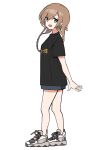  11sayuwan11 1girl alternate_costume bangs black_shirt blue_eyes blue_shorts braid brown_hair full_body grey_footwear hair_between_eyes highres kantai_collection long_hair looking_at_viewer open_mouth shirt shoes short_sleeves shorts simple_background sneakers solo standing t-shirt tachi-e teruzuki_(kancolle) twin_braids white_background white_footwear 