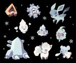  &gt;_&lt; ^_^ alolan_vulpix arm_support bergmite black_background castform castform_(snowy) clenched_teeth closed_eyes commentary cryogonal cubchoo glaceon looking_at_viewer open_mouth pokemon regice sitting smile sneezing snorunt snowflakes ssalbulre teeth trembling vanillite yellow_eyes 