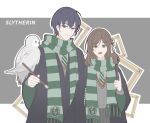  1boy 1girl :d bangs bird black_robe brown_hair closed_mouth crossover green_eyes green_necktie green_scarf grey_skirt grey_vest harry_potter_(series) highres holding holding_brush holding_wand looking_at_viewer marius_von_hagen_(tears_of_themis) necktie open_mouth owl purple_hair robe rosa_(tears_of_themis) scarf short_hair skirt slytherin smile tears_of_themis vest violet_eyes wand yingchuan981 