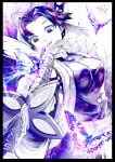  1girl bangs belt black_border border breasts bug butterfly butterfly_hair_ornament capelet hair_ornament highres hiraoka_koushi holding holding_sword holding_weapon jacket katana kimetsu_no_yaiba kochou_shinobu looking_at_viewer medium_breasts monochrome parted_bangs parted_lips purple_theme smile solo sword weapon 