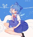  1girl bangs black_footwear blue_background blue_bow blue_dress blue_eyes blue_hair blush bow cirno closed_mouth collared_shirt dress expressionless finger_to_mouth flat_chest foot_out_of_frame hair_bow highres ice ice_wings looking_at_viewer lucky_small_pride mary_janes neck_ribbon no_socks pinafore_dress puffy_short_sleeves puffy_sleeves red_ribbon ribbon shirt shoes short_hair short_sleeves solo touhou twitter_username two-tone_background white_background white_shirt wings 