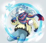 1boy blue_eyes blue_hair blue_mittens boots commentary floating_scarf grusha grusha_(pokemon) highres holding holding_poke_ball jacket leg_up long_hair looking_at_viewer male_focus pants poke_ball poke_ball_(basic) pokemon pokemon_(game) pokemon_sv scarf scarf_over_mouth snowflakes solo symbol-only_commentary upi_(ukn18pkanother) watermark yellow_jacket