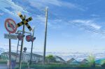  absurdres bicycle blue_sky bush clouds commentary_request day fence grass ground_vehicle highres japan no_humans no_trucks_sign original outdoors power_lines railroad_crossing road_sign rural satoshy scenery sign sky utility_pole 