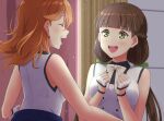 bangs braid breasts brown_hair closed_eyes commentary fingerless_gloves french_braid gloves green_eyes long_hair love_live! love_live!_superstar!! low_twintails medium_breasts medium_hair orange_hair qy73 sakurakouji_kinako shibuya_kanon shiny shiny_hair smile stage_curtains twintails upper_body 