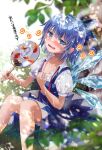  1girl bangs blue_bow blue_dress blue_eyes blue_hair blurry blurry_foreground blush bow cirno collared_shirt dress feet_out_of_frame flat_chest fujiwara_aoi hair_bow ice ice_wings looking_to_the_side neck_ribbon on_ground parted_lips pinafore_dress plant puffy_short_sleeves puffy_sleeves red_ribbon ribbon shirt short_hair short_sleeves sitting solo touhou untied_ribbon wavy_mouth white_shirt wings 